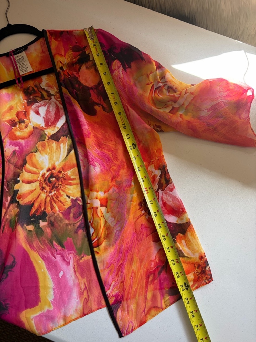 Floral Sheer Kimono Cover Up Bolero Size Medium Boho Open Front Top Pink Orange - Picture 5 of 6
